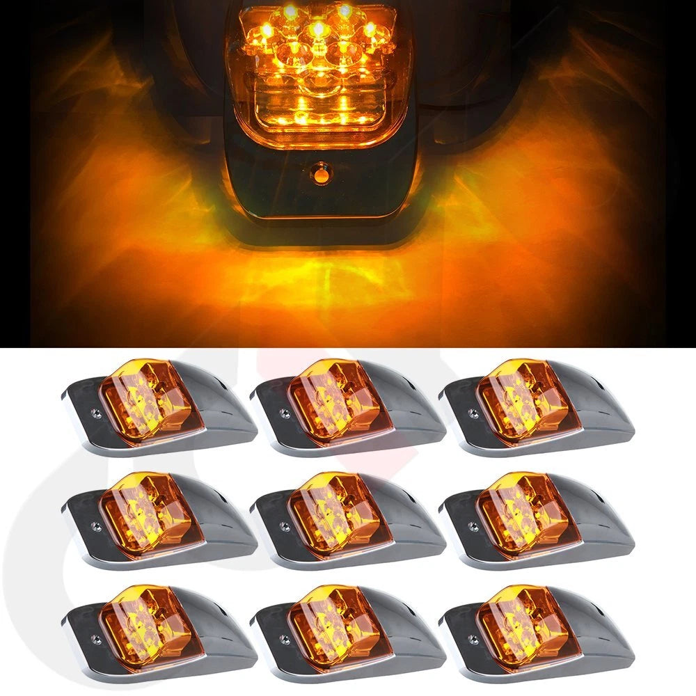 Set of 9 Amber LED Roof Cab Marker Clearance Lights for Kenworth Peterbilt