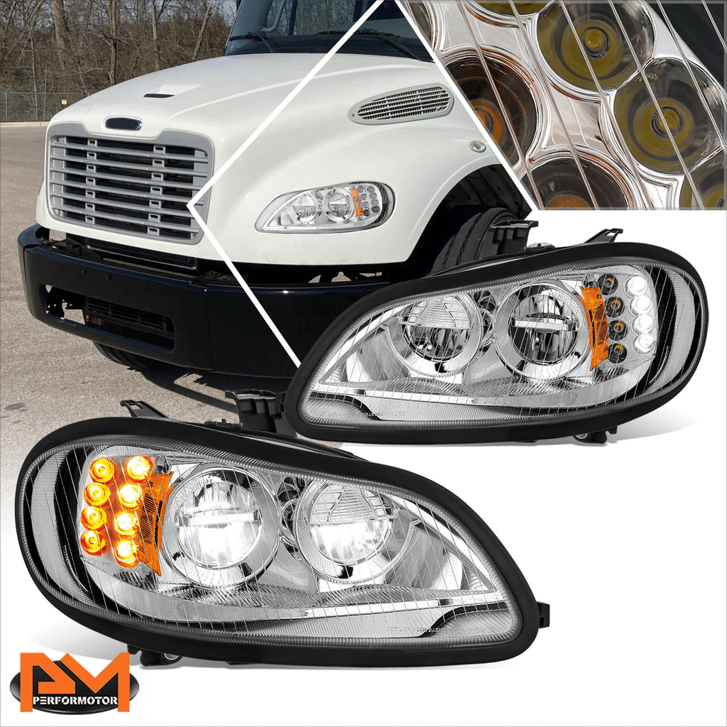Full LED Chrome Housing Turn Signal Headlights for Freightliner M2 106 112 (2003–2018)