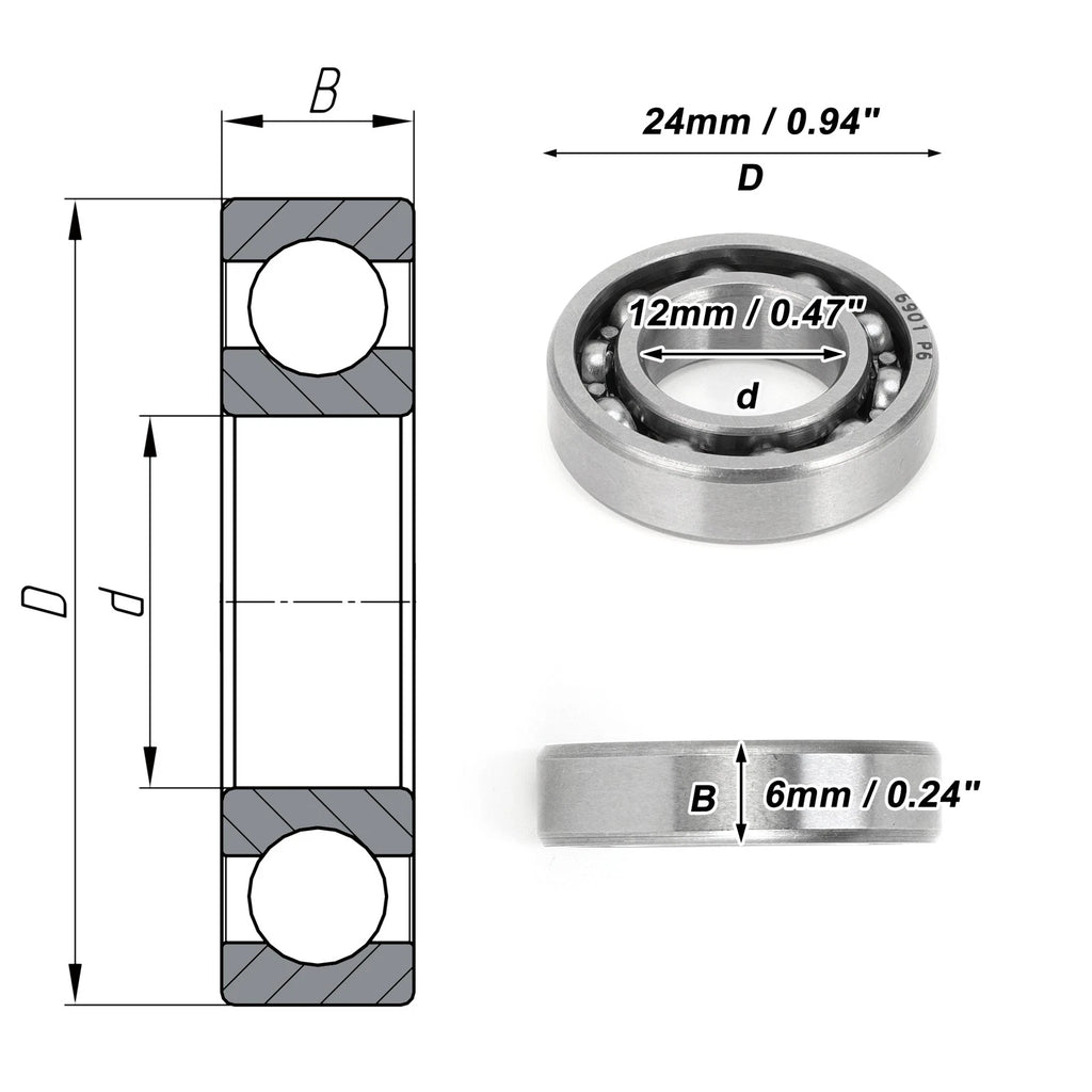 Deep Groove Ball Bearing 12x24x6mm for Scooter Skateboard 