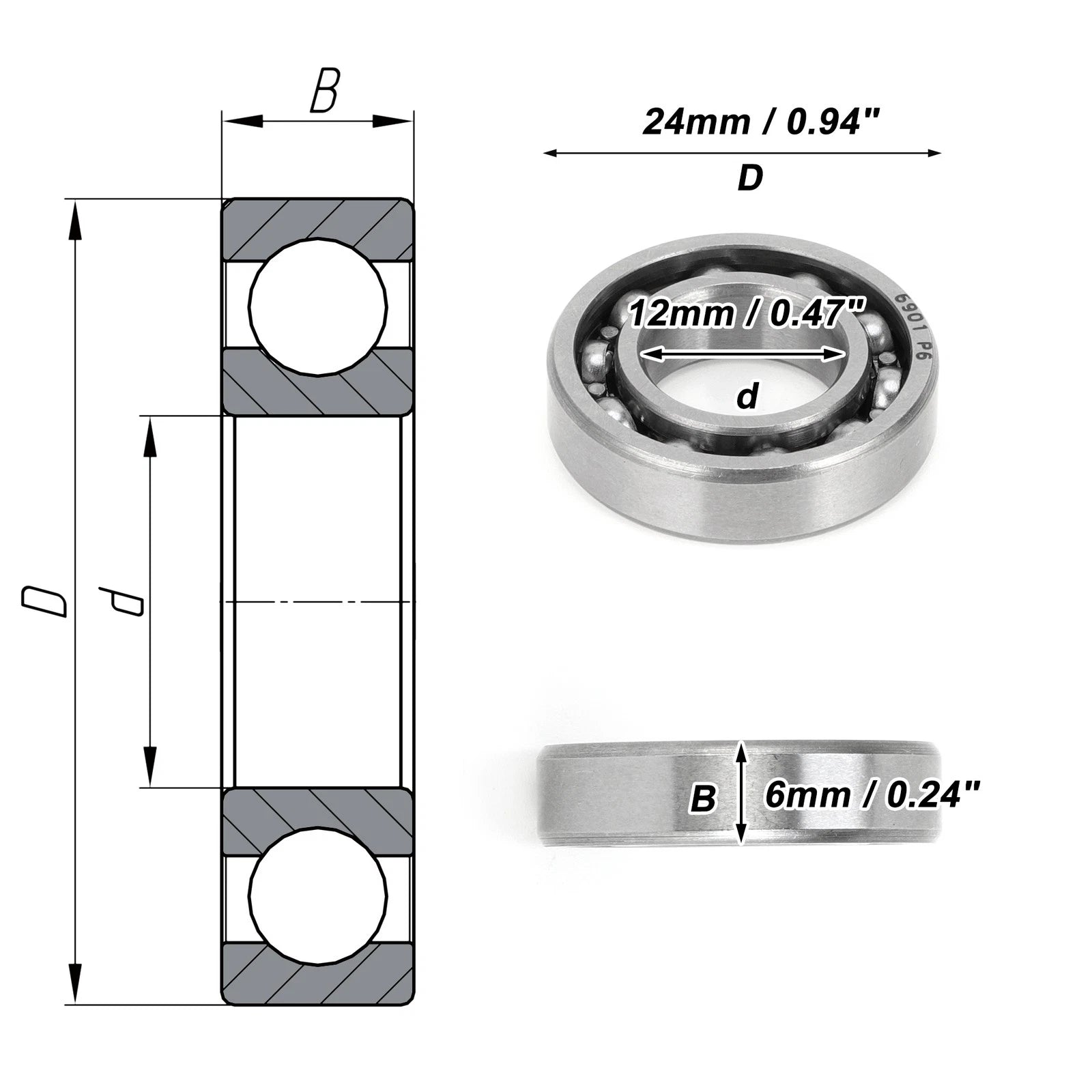 Deep Groove Ball Bearing 12x24x6mm for Scooter Skateboard 