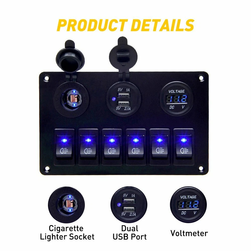 6 Gang LED Rocker Switch Panel for Marine Boat