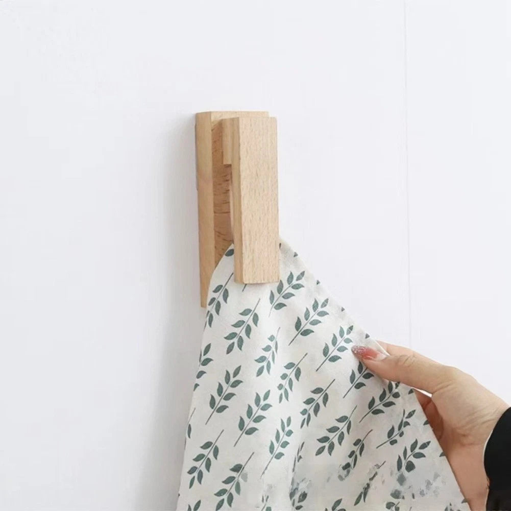 2X Natural Wood Towel Hooks with Wax Finish for Wall Hanging