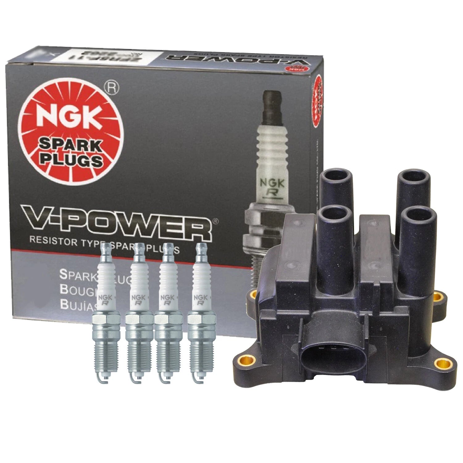 Set of 4 Denso COP Ignition Coils & NGK V-Power Spark Plugs for Ford Mazda 2.3 (2000–2009)