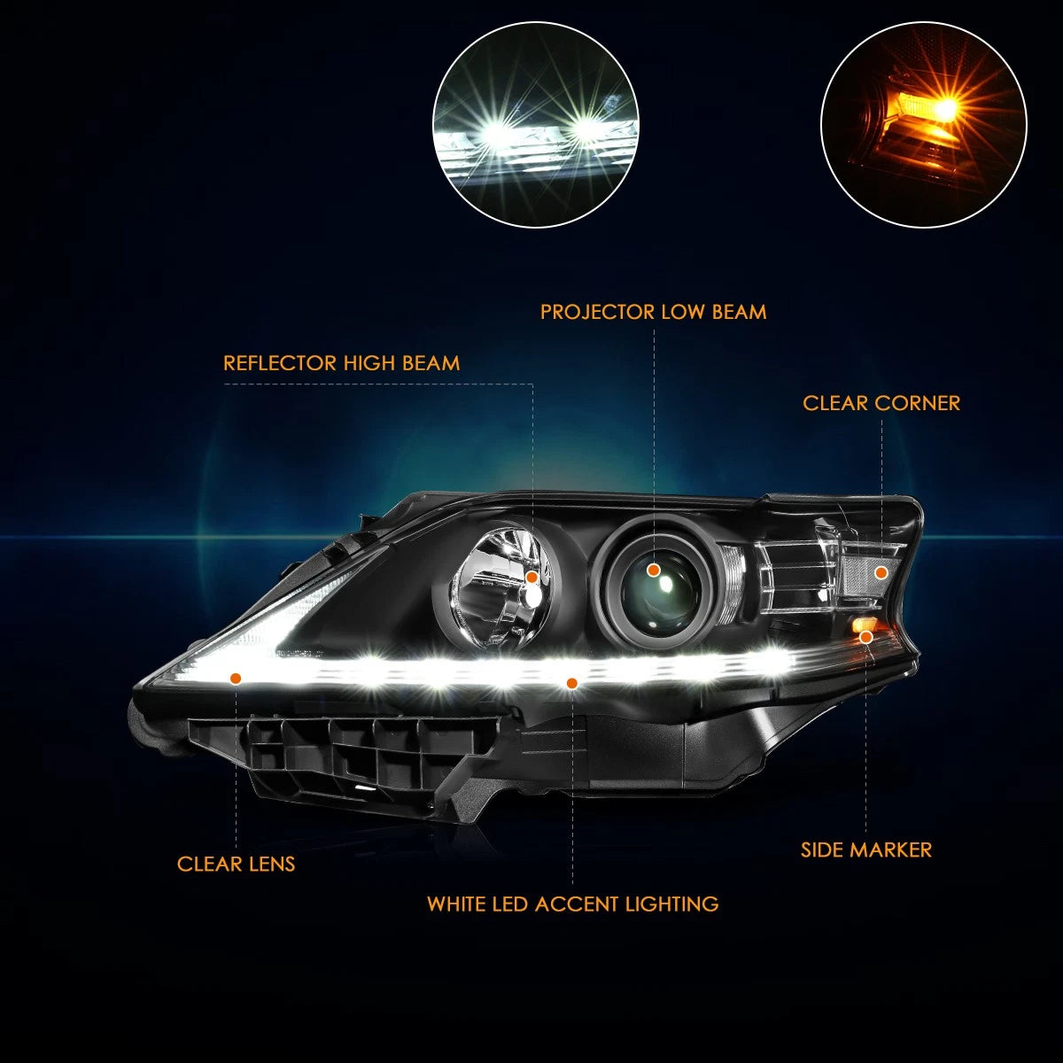 LED Projector Headlights for Lexus RX350 RX450H (2013–2015) - Black/Clear