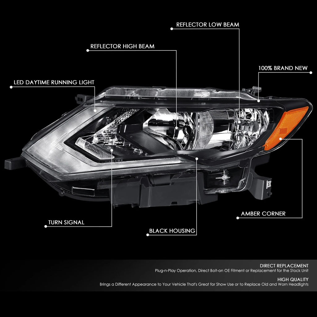 LED DRL Headlight for Nissan Rogue (2017–2020) - Left Driver Side, Black Housing