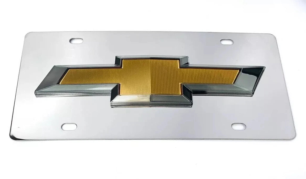 Chrome Chevy Bowtie Emblem License Plate with 3D Gold Gloss Logo for Chevrolet