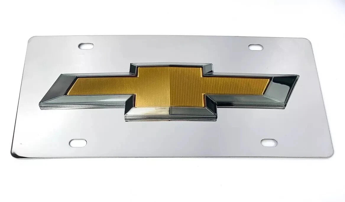 Chrome Chevy Bowtie Emblem License Plate with 3D Gold Gloss Logo for Chevrolet