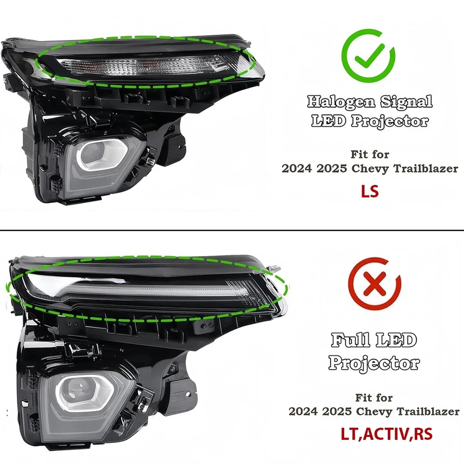 LED Headlights Pair for Chevy Trailblazer LS (2024–2026) w/Halogen Signal & Bulbs