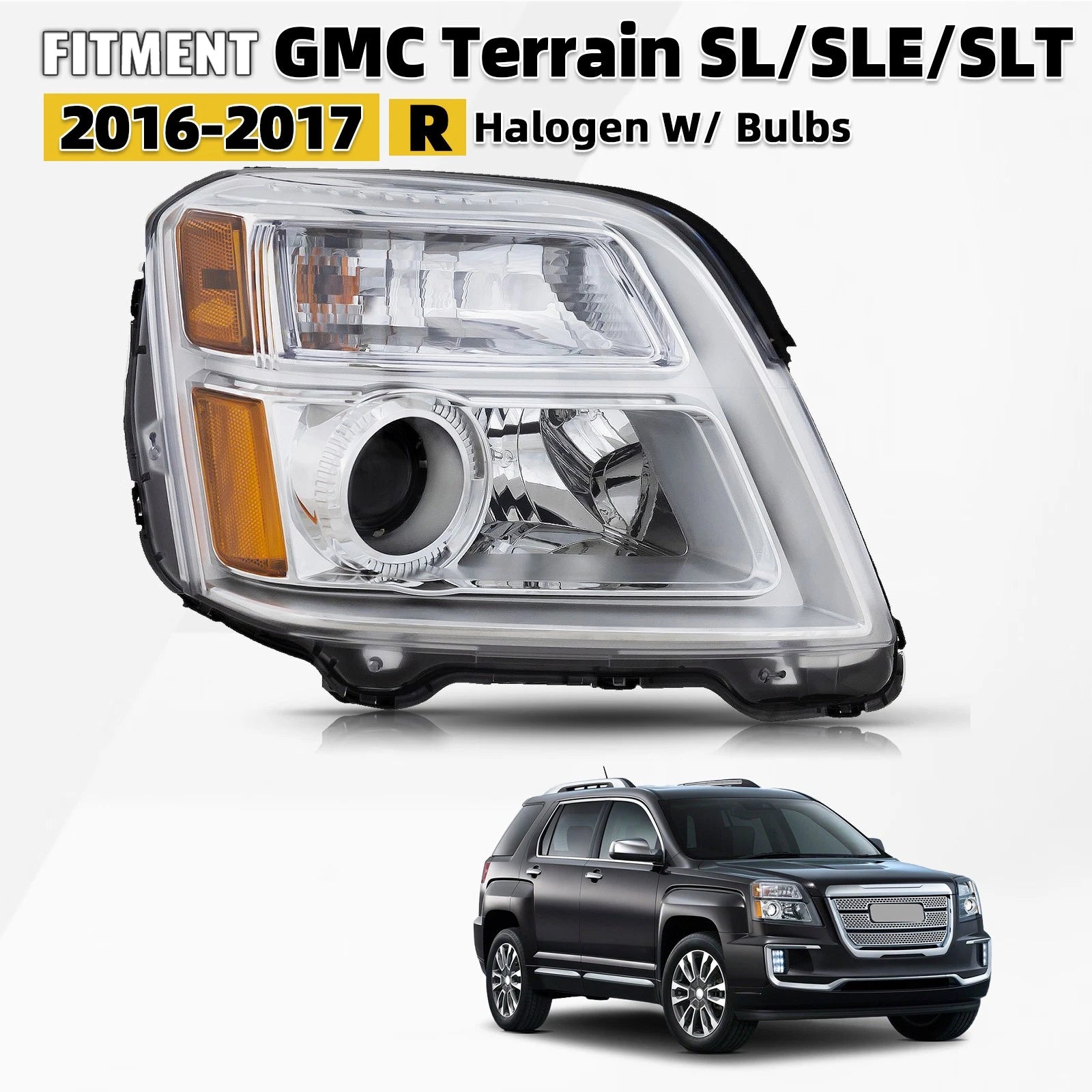 Halogen Headlight Assembly for GMC Terrain (2016–2017) Passenger Side with Bulb