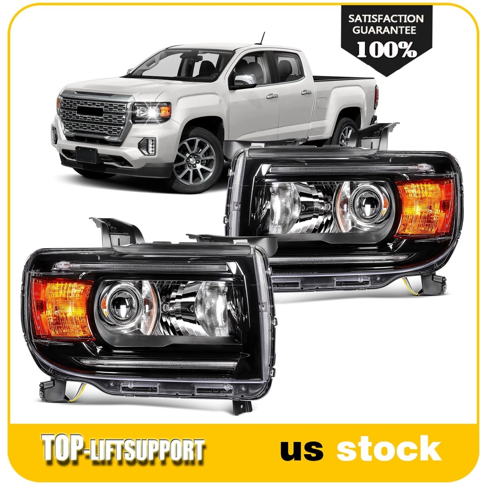 2Pcs Black Headlights with Bulbs for GMC Canyon (2015–2022)