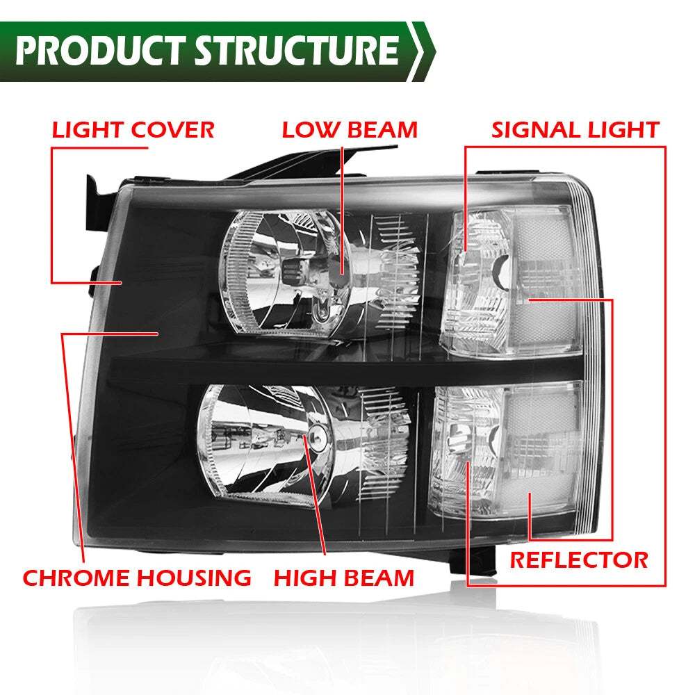 Set of 2 Black Housing Headlights for Chevy Silverado 1500 2500 HD
