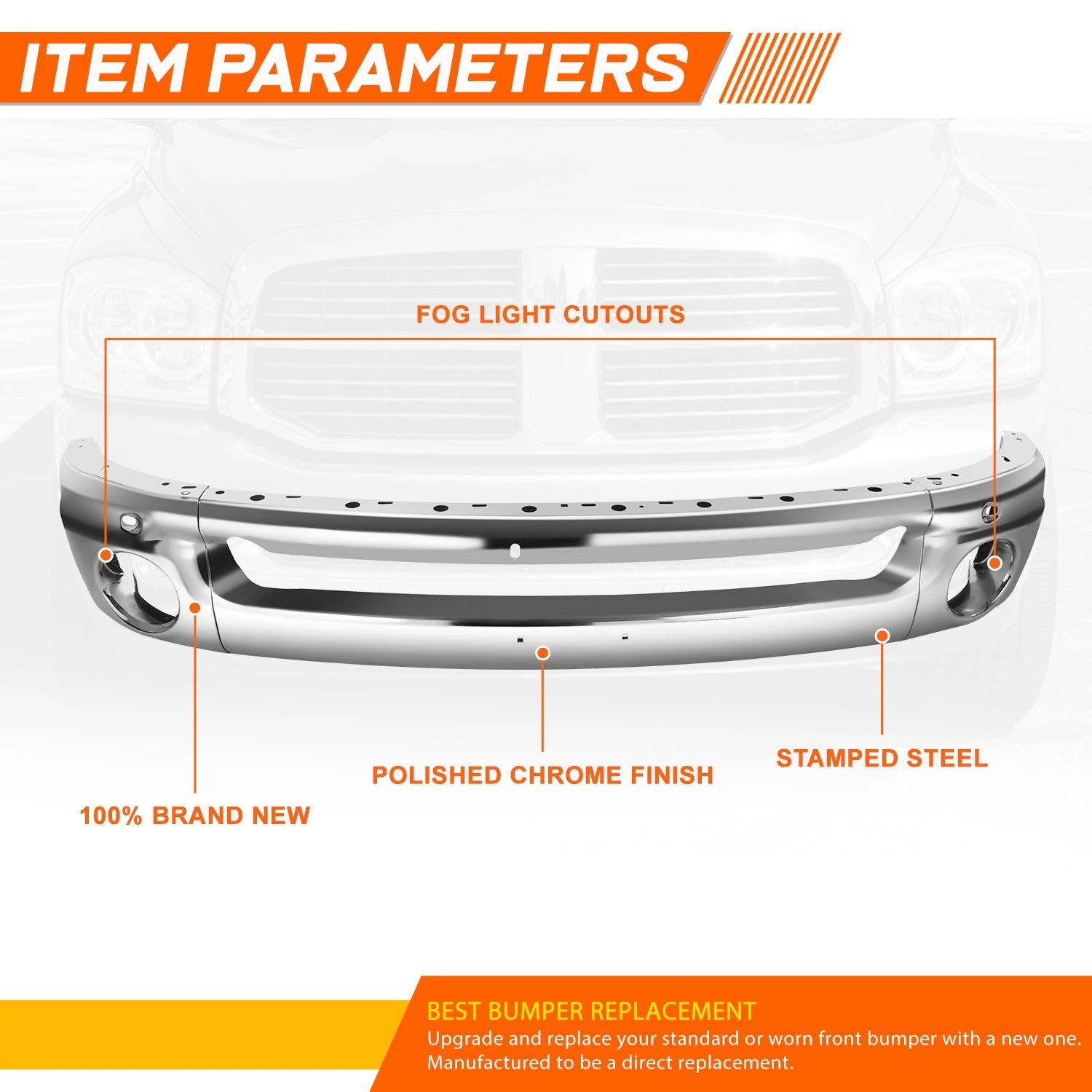 Chrome Front Bumper Face Bar for Dodge Ram 1500 2500 3500 (2002–2009)