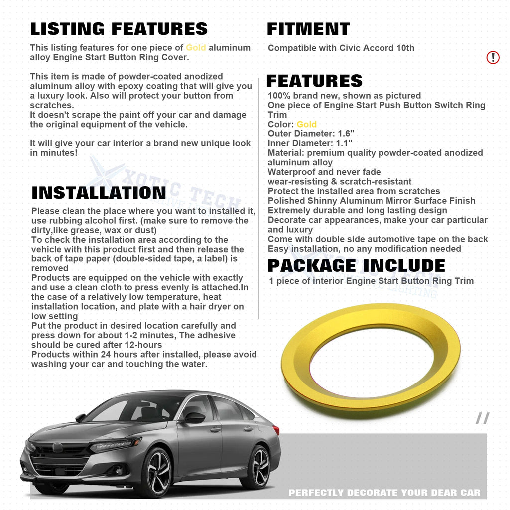 Ignition Start Stop Button Ticker Ring Cover for Honda Civic Accord (2016-2021)