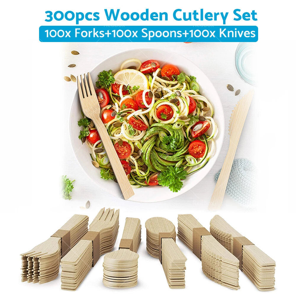 300x Disposable Bamboo Cutlery Set for Parties (Eco-Friendly)