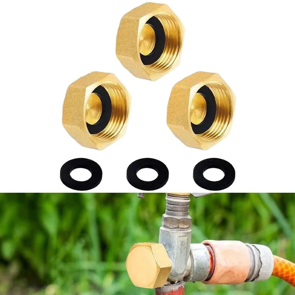 Set of 3 Brass Pipe Caps for Hexagonal Threaded Fittings with Rubber Gasket