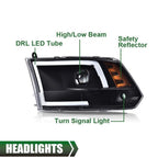 LED Tube DRL for Dodge Ram 1500 2500 3500 (2009–2018) Black Projector Headlights
