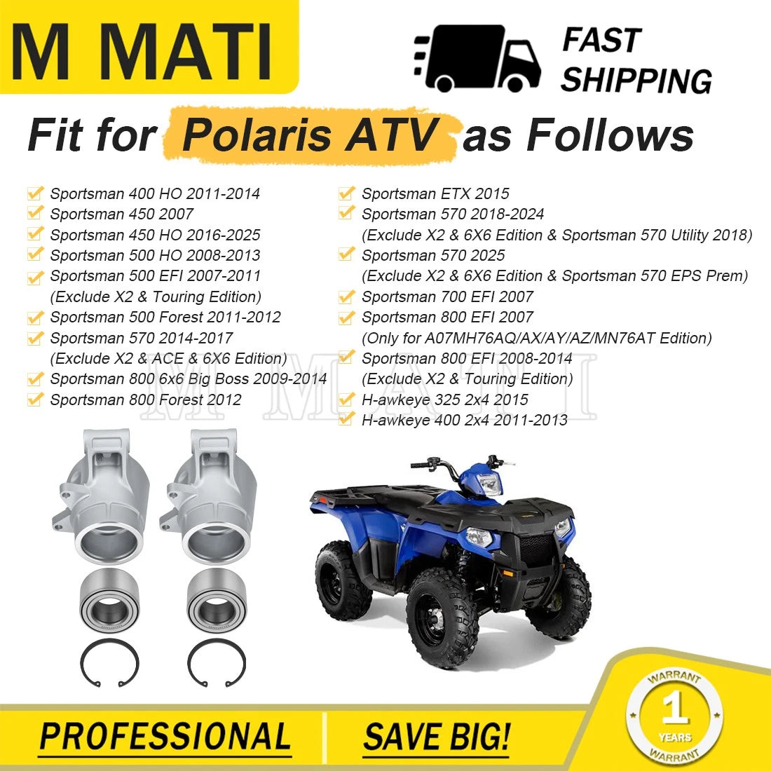 Set of 2 Rear Wheel Bearing Carrier & Bearing Kit for Polaris Sportsman 570 (2014–2025)