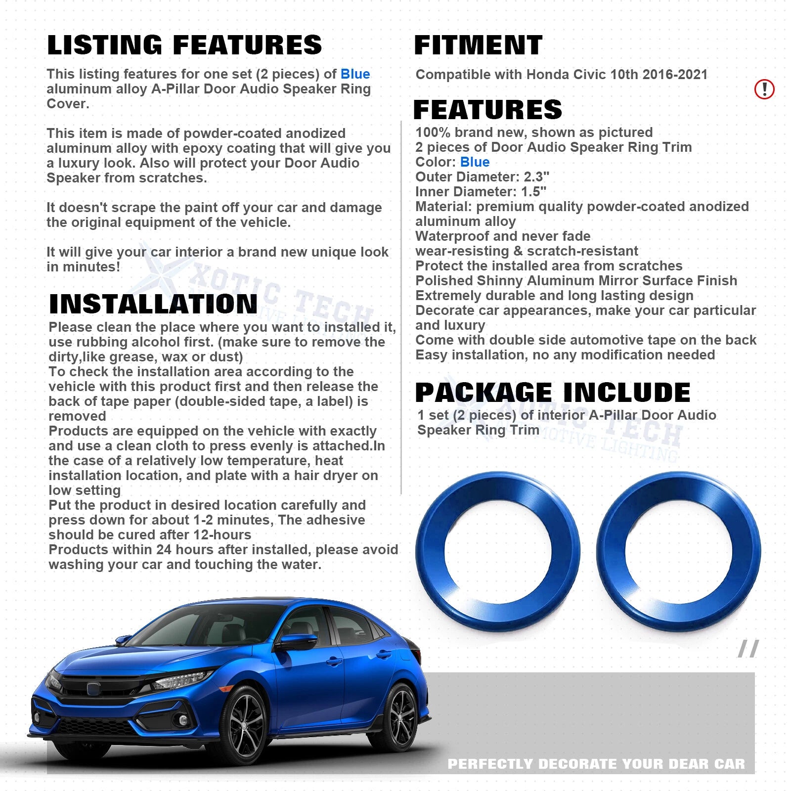 2pcs Glossy Blue Door Audio Speaker Covers for Honda Civic (2016-2021)
