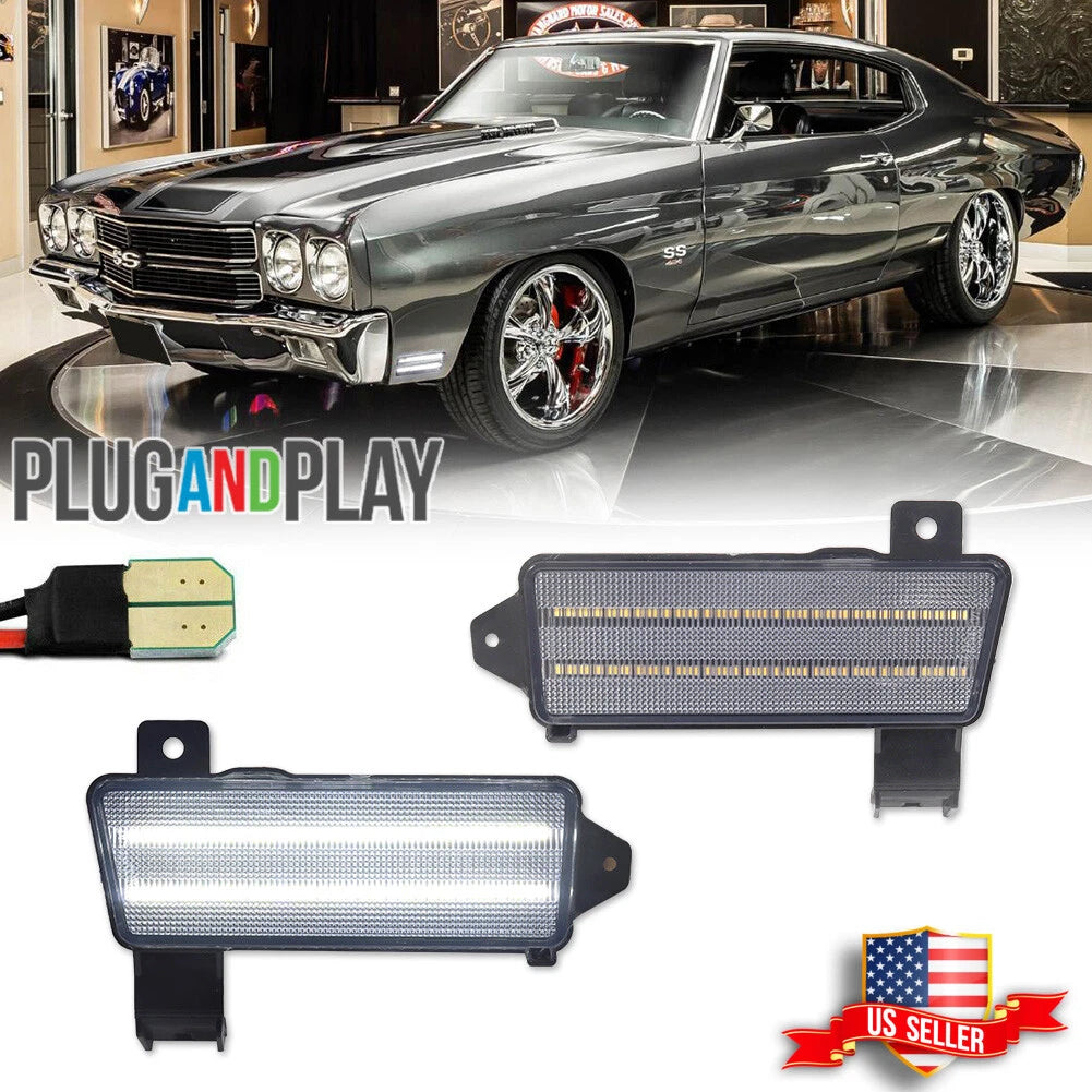 2X Clear White LED Front Side Marker Lights for Chevy Chevelle El Camino (1970)