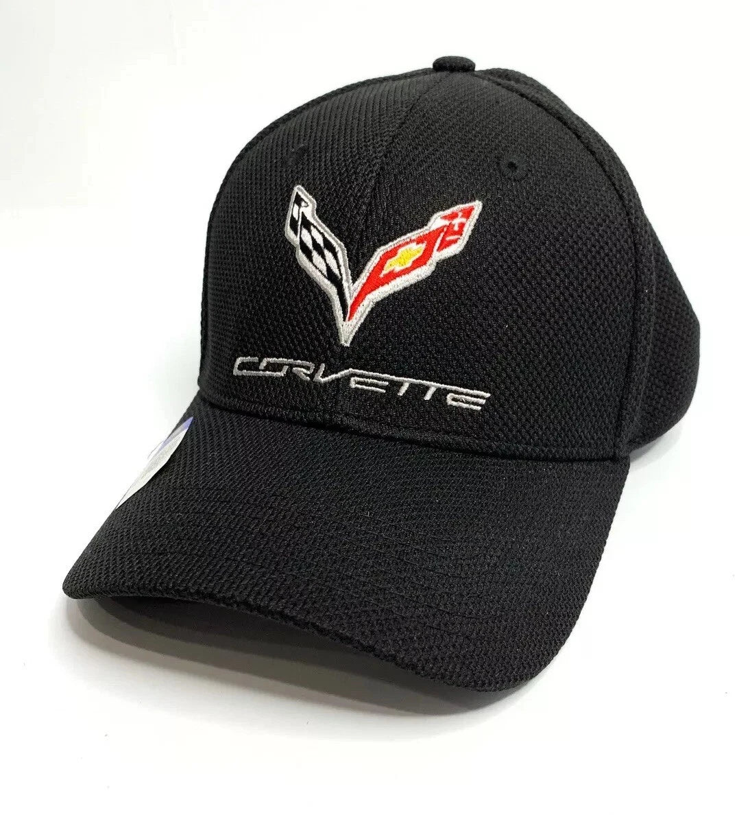 Black Flexfit Hat Cap with Chevy Corvette Flags Script for C7 (2014–2019)