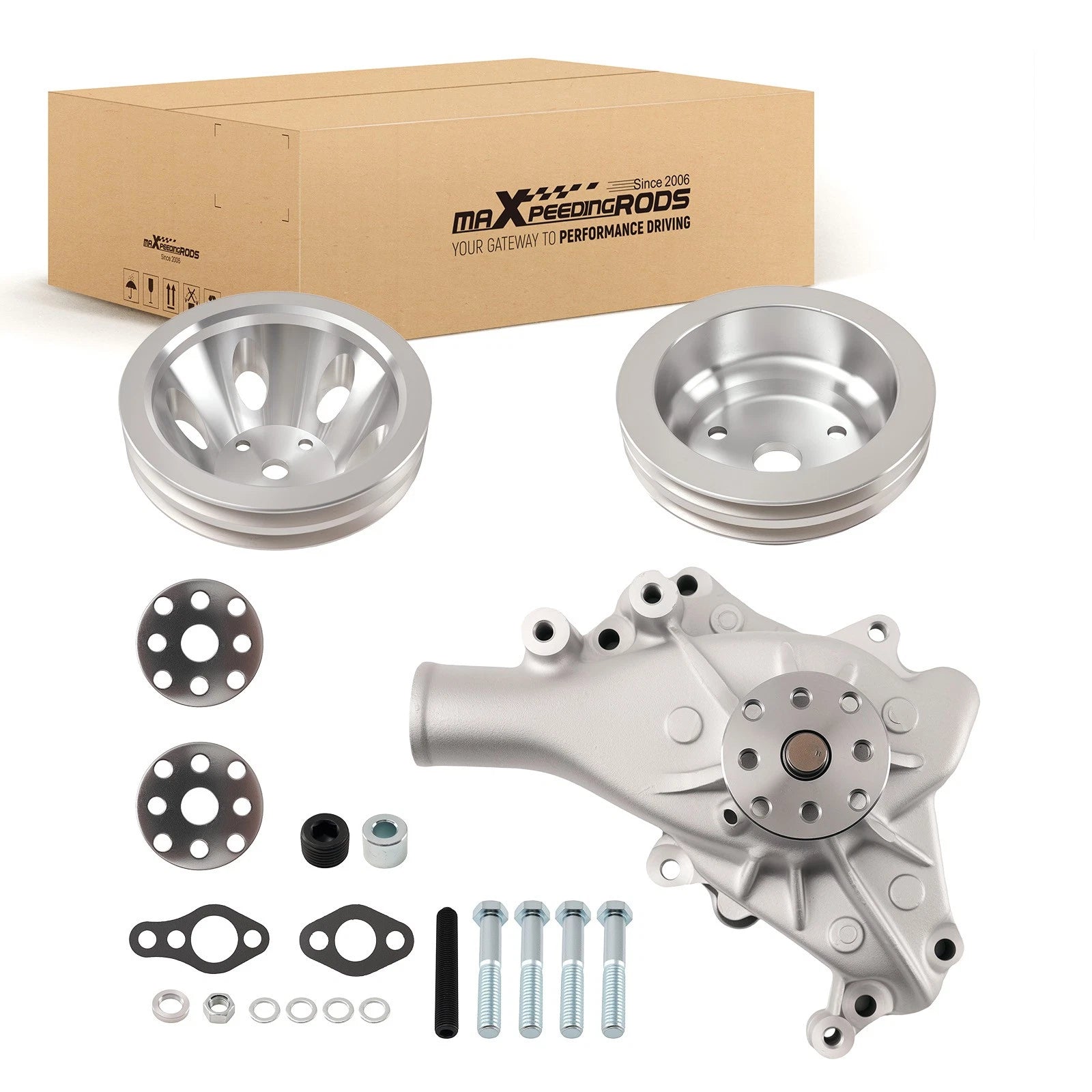 Aluminum Long Water Pump & 2 Groove Crankshaft Pulley Kit for Chevy SBC (305-350)