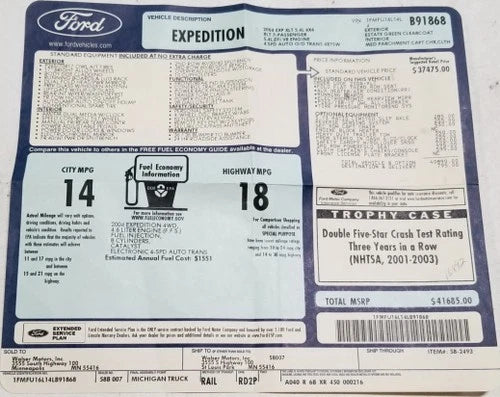 Window Sticker for Ford Expedition V8 5.4L (2004)