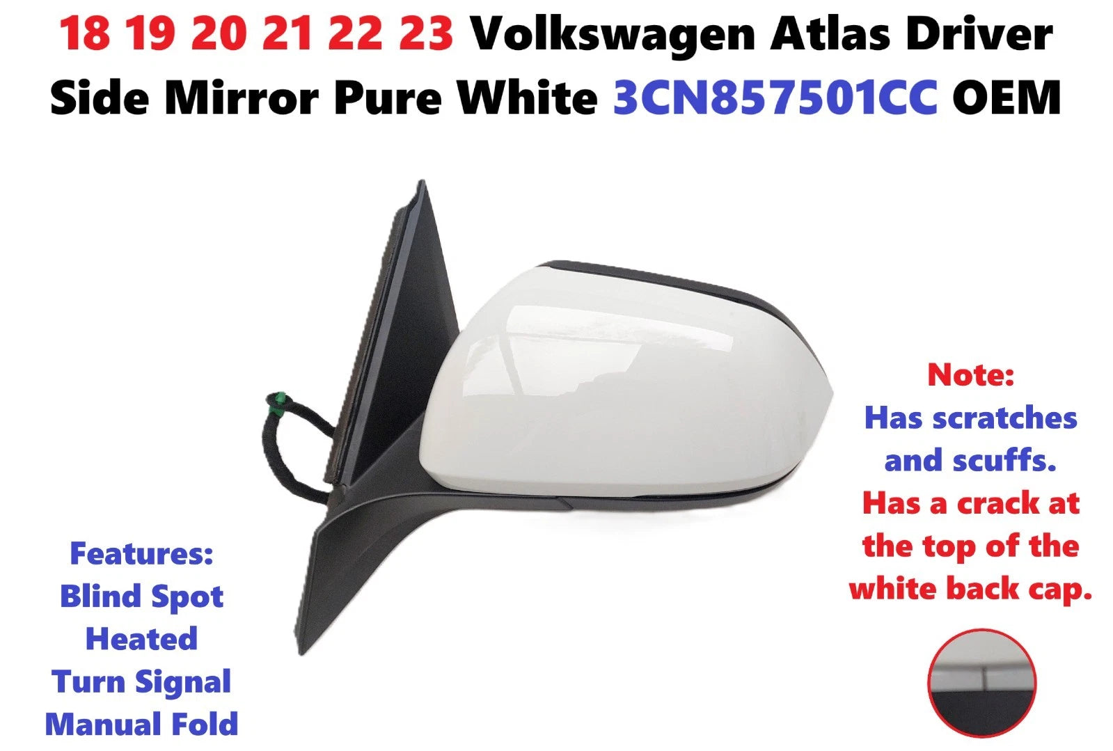Driver Side Mirror for Volkswagen Atlas (2018–2023) Pure White 3CN857501CC