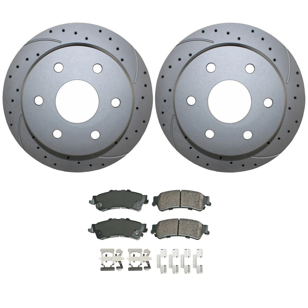 Rear Brake Kit Set of 4 Drilled 325mm Disc Rotors & Akebono Pads for Chevy GMC